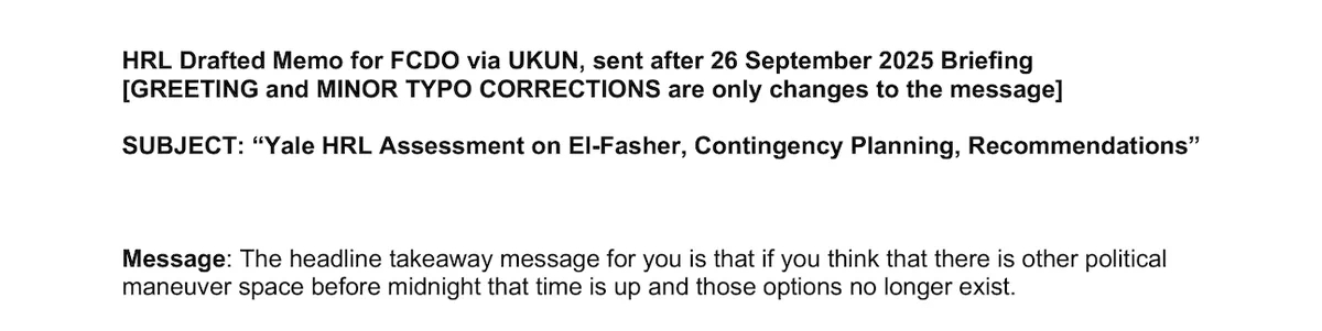 Typed memo titled 'Yale HRL Assessment on El-Fasher, Contingency Planning, Recommendations' with briefing date 26 September 2025.