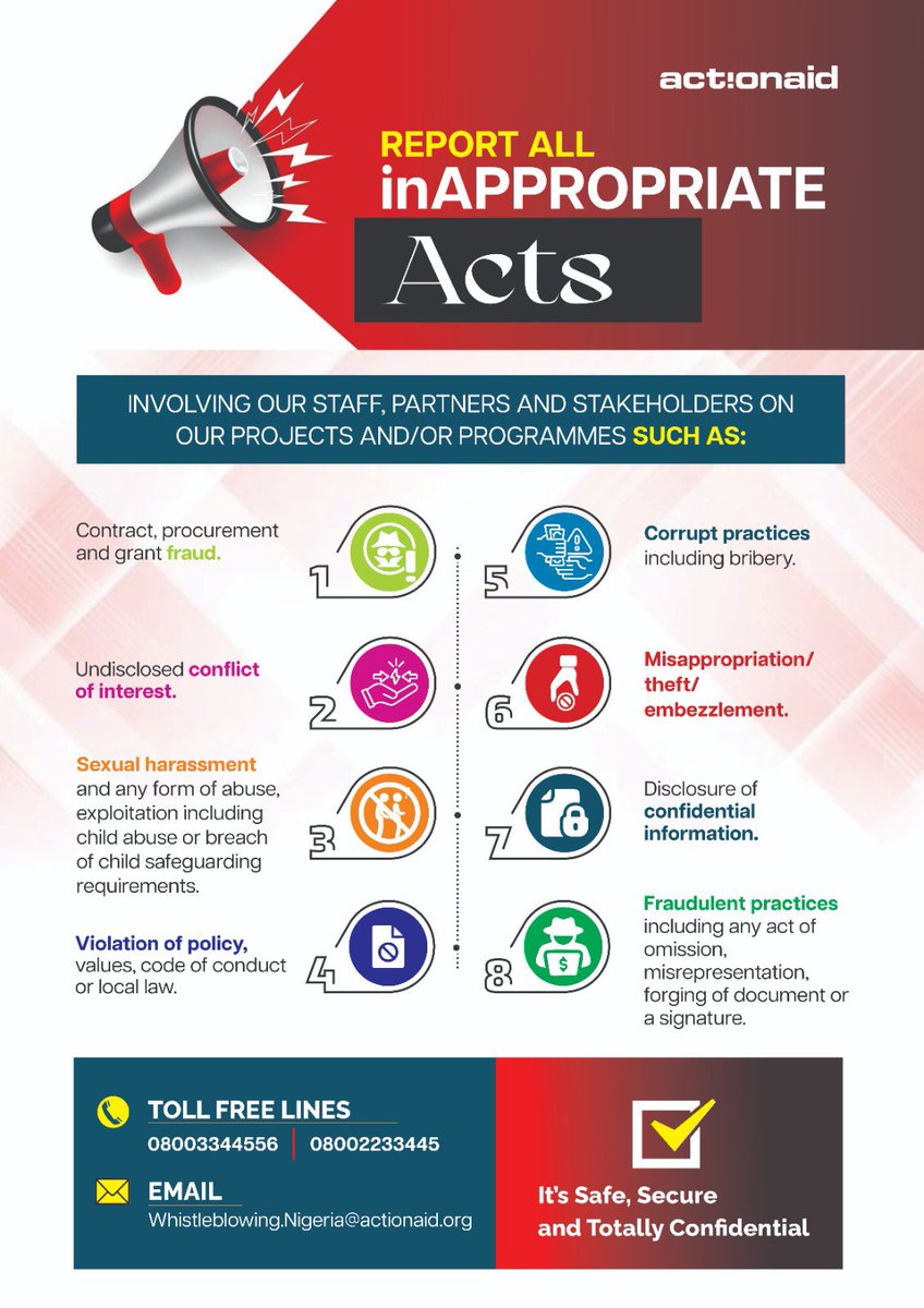 ActionAidNG's tweet photo. Integrity starts with speaking up.

If you witness fraud, corruption, harassment, abuse, or any inappropriate conduct involving ActionAid Nigeria's staff, partners, or programmes, report it through our safe, secure, and confidential whistleblowing channels.

📞 08003344556 | 08002233445
📧 [Whistleblowing.Nigeria@actionaid.org]

 #Whistleblowing #ActionAidNigeria