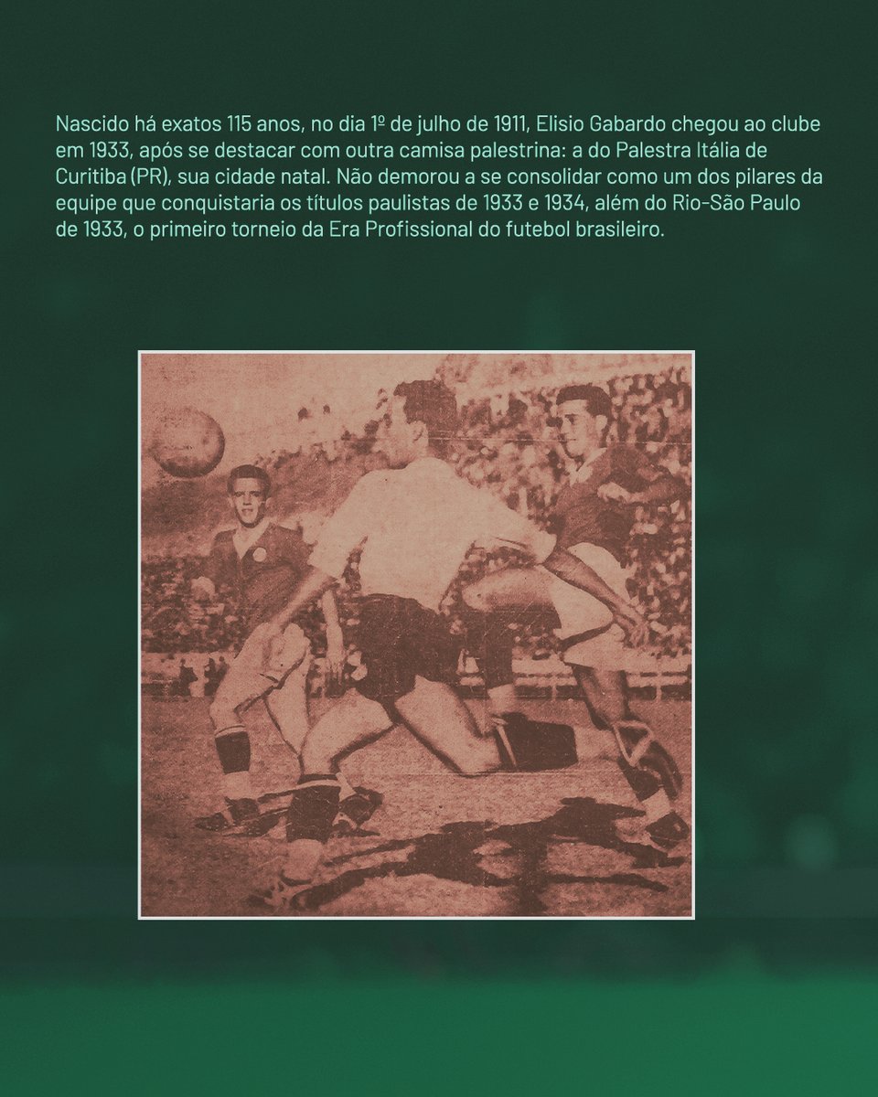Palmeiras's tweet photo. Há 115 anos, nascia Elisio Gabardo, craque do Palestra Italia na década de 1930. Bora de #MemóriaAlviverde? ➡️🗓️ https://t.co/vCeJ71R3aB