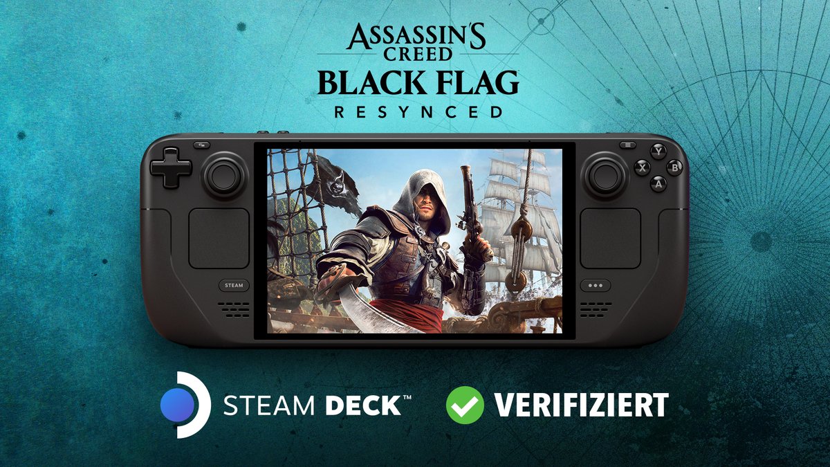 UbisoftDE's tweet photo. Assassin’s Creed Black Flag Resynced ist zum Launch am 9. Juli für das Steam Deck verifiziert!

Dasselbe Abenteuer. Dieselbe Karibik. Erlebt das Abenteuer auch unterwegs und hisst die Schwarze Flagge, wo immer ihr wollt! https://t.co/JTe6UmX2rJ