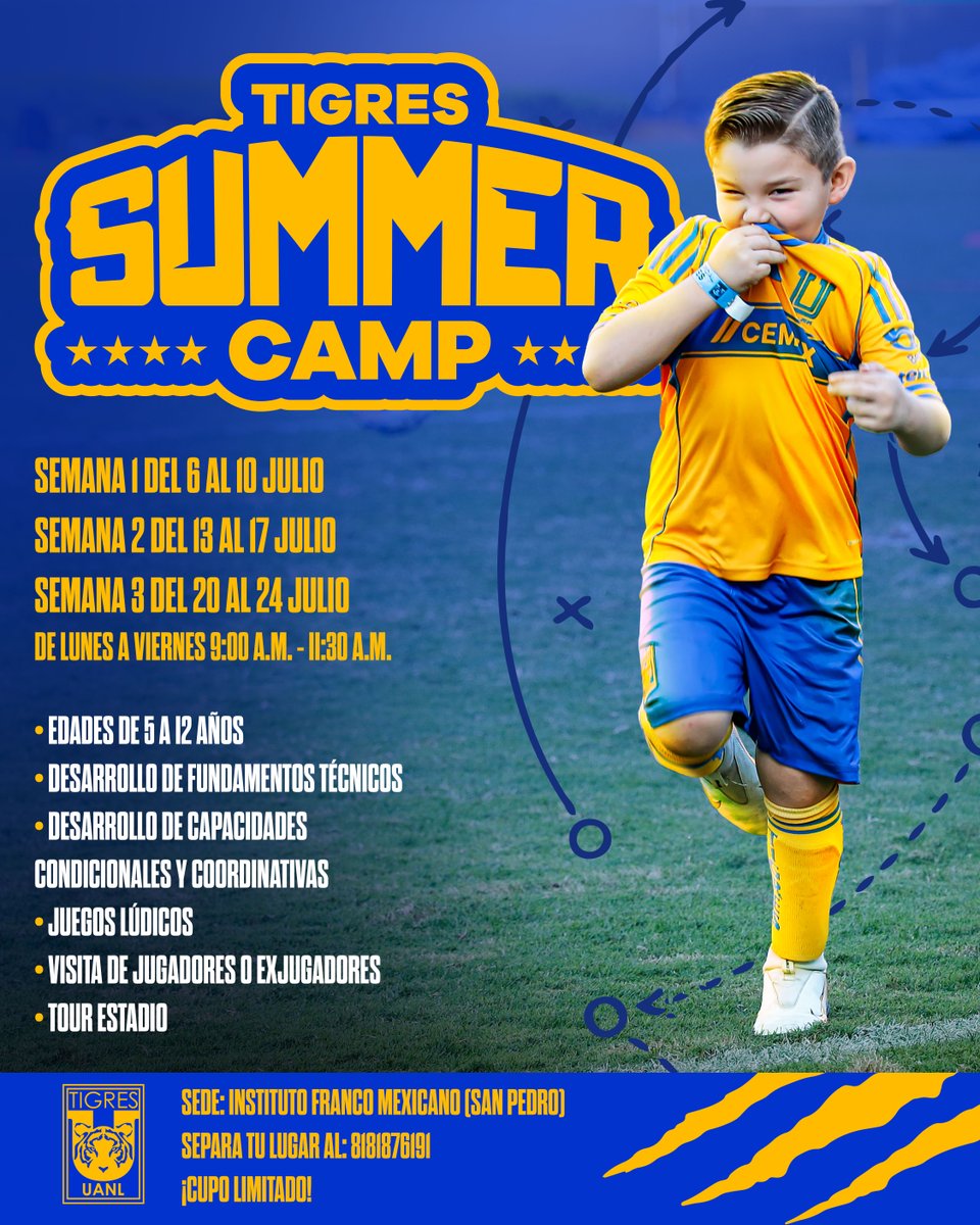 TigresOficial's tweet photo. ⚽️👦🏻🧒🏻 ¡Si tienes entre 5 y 12 años prepárate porque este mes de julio tendrás la oportunidad de formar parte del Tigres Summer Camp! 😉🐯

⚠️ ¡Tenemos CUPO LIMITADO!

Separa tu lugar al ☎️ 8181876191 https://t.co/DCOjprl52e