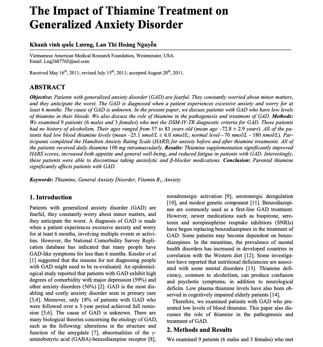 lowmegatron's tweet photo. Vitamin B1 shots STOP ANXIETY.

This research was done on B1-deficient patients with generalized anxiety disorder.

The average anxiety score dropped from 27 to 5. Lower is better. 30 is the highest possible score.

“Thiamine supplementation significantly improved HARS scores (related to anxiety), increased both appetite and general well-being, and reduced fatigue in patients with generalized anxiety disorder. Interestingly, these patients were able to discontinue taking anxiolytic and β-blocker medications.”

“Parental thiamine significantly affects patients with generalized anxiety disorder. Patients completed the Hamilton Anxiety Rating Scale (HARS) before and one week after thiamine treatment (the mean HARS scores were 27.33 and 5.8, respectively).” 

—The Impact of Thiamine Treatment on Generalized Anxiety Disorder

Thiamine lowers lactate, and lactate increases histamine, which is a trigger for anxiety.

“Within 4 hours of administration of the first dose of thiamine, all patients’ blood lactate concentrations declined and clinical status significantly improved.”

—An Overview of Type B Lactic Acidosis Due to Thiamine (B1) Deficiency

“... rats maintained on a thiamine-deficient diet for 30 days showed hypothermia, and their histamine levels increased significantly in both the anterior and posterior hypothalamus. When these rats were administered, thiamine disulfide and/or provided with thiamine-added diet for a further 30 days. the rats recovered from hypothermia, and histamine levels were decreased to the normal level. Thus, it is probable that the increased histamine levels in the hypothalamus, especially those in its anterior region, are closely related to the hypothermia in thiamine-deficient rats.” 

—Effects of Thiamine Administration on Hypothermia and Hypothalamic Histamine Levels in Dietary-Induced Thiamine Deficient Rats

Oral high-dose thiamine HCl, or fat-soluble forms, are usually as good as B1 shots. High doses often require more of other nutrients, most importantly magnesium.  The author of the papers on Parkinson's and thiamine has stated that 100 mg IM per week is equivalent to 2 grams of thiamine HCl/day.

“In order to obtain the same effects of the intramuscular dose, the oral dosage should be around 140 times higher. For instance, 100 mg injected once a week have the same therapeutic effect that 2 grams per day x 7 days (total 14,000 mg, thus 140 times 100 mg) have if administrated orally.”