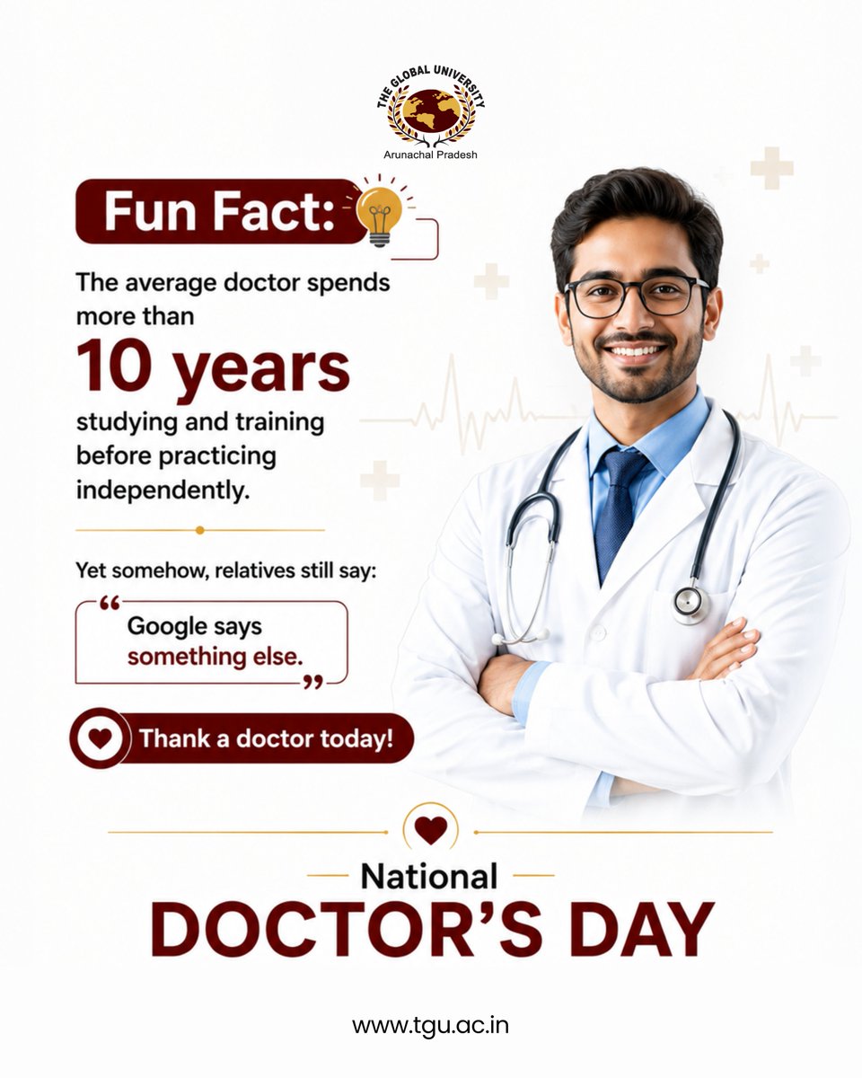 theglobaluni's tweet photo. This Doctors' Day, let's celebrate the heroes who spend years mastering their craft to care for others and make a difference every single day. 👨‍⚕️👩‍⚕️

🌐 https://t.co/hlnqDnucqN

#theglobaluniversity #tgu #doctorsday #happydoctorsday #healthcareheroes #thankyoudoctors #exploremore https://t.co/IqZNgqelvh