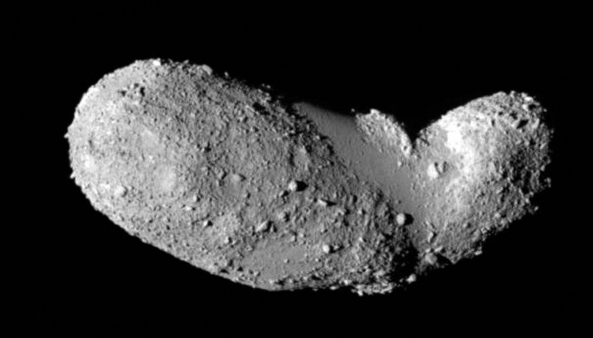 SETIInstitute's tweet photo. #PPOD: Asteroid (25143) Itokawa 🥜 

Taken by the Japanese spacecraft Hayabusa during its close approach in 2005, this very detailed view shows the strange peanut-shaped asteroid Itokawa. The 500-meter "rubble pile" asteroid features distinct smooth surface regions, such as the MUSES Sea. These areas are formed by seismic jostling that causes size segregation and erodes impact craters. By making exquisitely precise timing measurements using ESO’s New Technology Telescope, a team of astronomers has found that different parts of this asteroid have different densities. 

Credit: @JAXA_en 

#planetaryscience