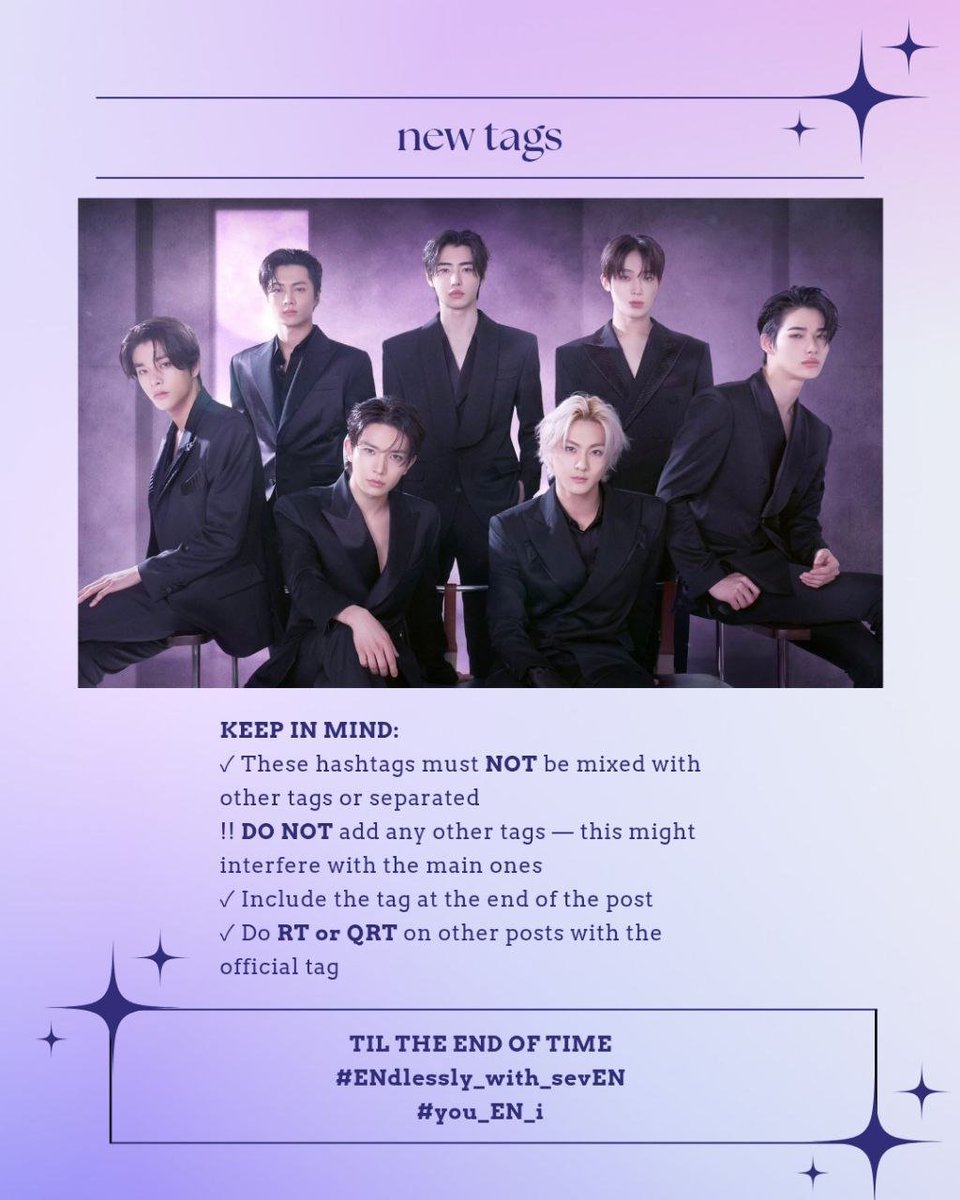 cis_enfanbase's tweet photo. ATTENTION ENGENEs !! OUR TAGS FOR TODAY 

No matter the time that passes or the challenges that face us, we will continue to stay with ENHYPEN, fueling them with our love and support.

TIL THE END OF TIME
#ENdlessly_with_sevEN
#you_EN_i https://t.co/t0DJlKEzT0