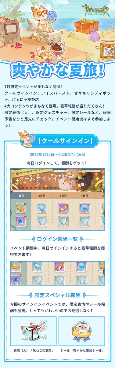 ToS_Neverland's tweet photo. ☀️ 7月「爽やかな夏旅」イベントがやってきた！
クールサインイン、アイスバースト、甘々キャンディポット、にゃにゃ喫茶店
4大イベントが開催。報酬が盛りだくさん！
❄️ 毎日サインインして豪華報酬を開放
💣 爆弾をパスしてスリル満点のチャレンジに挑戦
🍬 キャンディを集めて専用キャンディボックスを作ろう
🍵 にゃにゃ喫茶店が期間限定オープン！
🌊 この夏、報酬盛りだくさんの「爽やかな夏旅」へ出発しよう！

#ツリネバ #TOSN #TOSNeverland