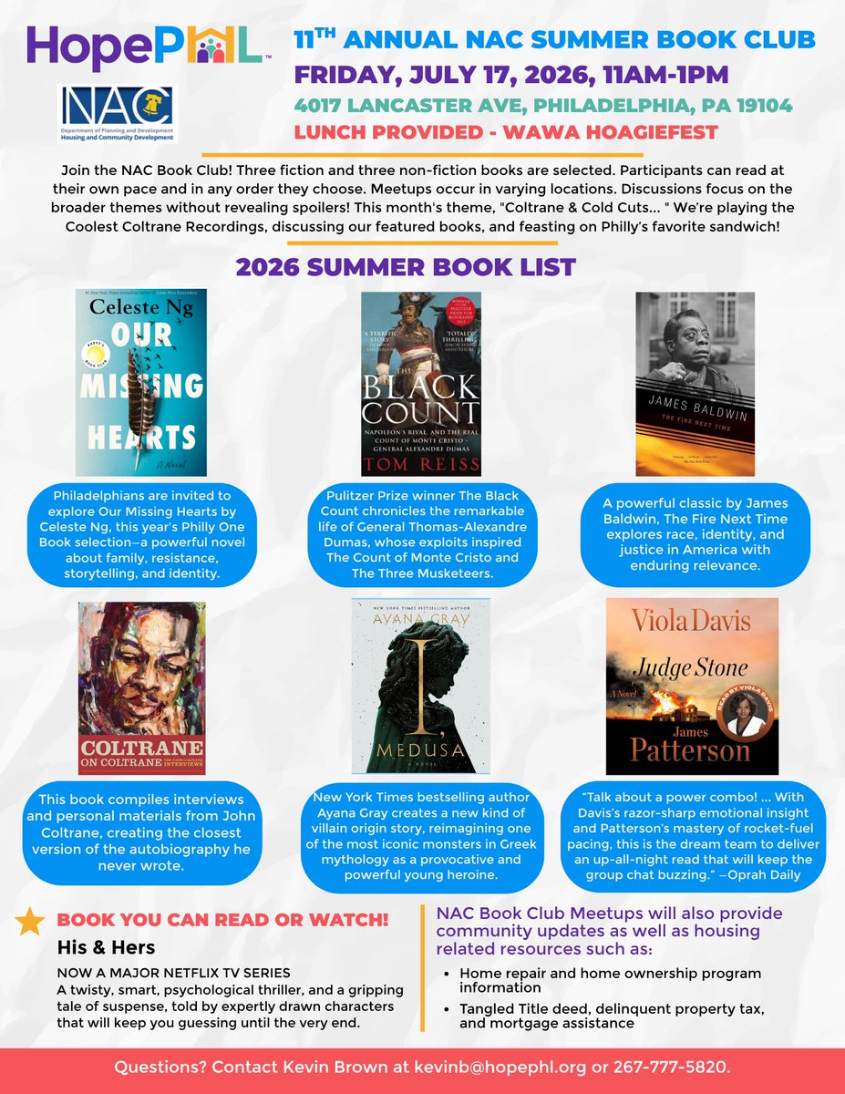 hope_phl's tweet photo. Come connect with neighbors over books, conversation, and community! 📚 Join us for the 11th Annual NAC Summer Book Club featuring this month's "Coltrane &amp; Cold Cuts" theme, plus a complimentary Wawa Hoagiefest lunch. Everyone is welcome! https://t.co/arbcCTkAab