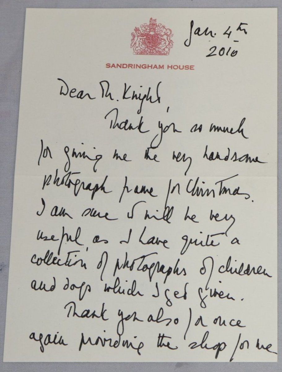 RealRoyalMail's tweet photo. "I have quite a collection of photographs of children and dogs I get given"- 2010 letter of #QueenElizabethII to Peter Knight who held a royal warrant for his furnishing shop in Buckinghamshire. He closed it later that year. https://t.co/cbENW2o2m2 https://t.co/7XUDABtJaG