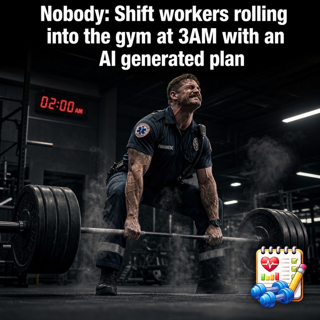 CjlyteJason's tweet photo. Shift Worker Sarcasm
Image prompt: “Exhausted factory worker mid-yawn under harsh fluorescent lights, deadpan stare directly at camera, gritty realistic comic style”
Caption: “Worked a 12-hour shift, came home, and the app had the nerve to ask if I was ‘ready to train.’ No. But… https://t.co/onDl6FVw4Q
