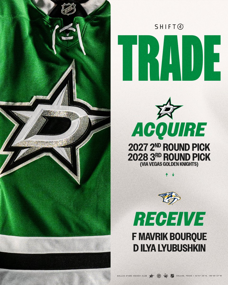 DallasStars's tweet photo. 🚨 TRADE ALERT 🚨

We have acquired two draft picks from the Nashville Predators in exchange for forward Mavrik Bourque and defenseman Ilya Lyubushkin. https://t.co/kTWMifJkmn