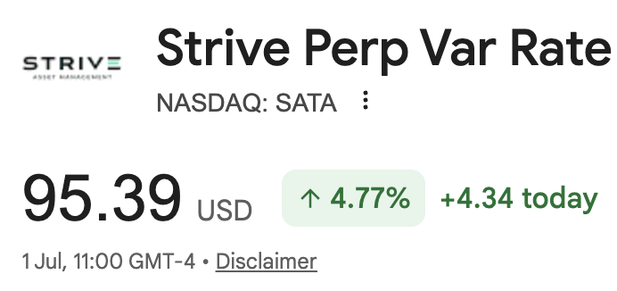 ZynxBTC's tweet photo. Strong day for $SATA.

With the new update, shorts not only have to pay 70% APR but could get their wings ripped off if Strive decide to pause issuance at $100.

Who knew daily dividends at 13% annual yield would be popular. https://t.co/y1JcOzKpG3