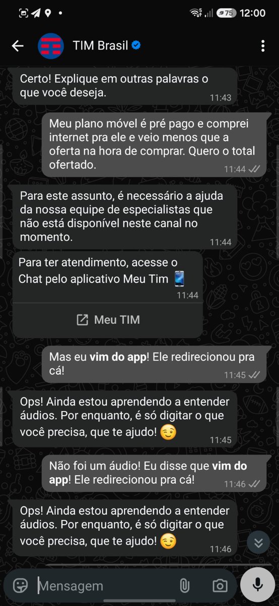 J_Janz's tweet photo. .@TIMBrasil Seu atendimento via app só me joga para o WhatsApp, que me enrola um monte e não consegue atender pra, no final, jogar de volta pro app, que só tem opção de WhatsApp… 😡 https://t.co/mruqaH3UcH