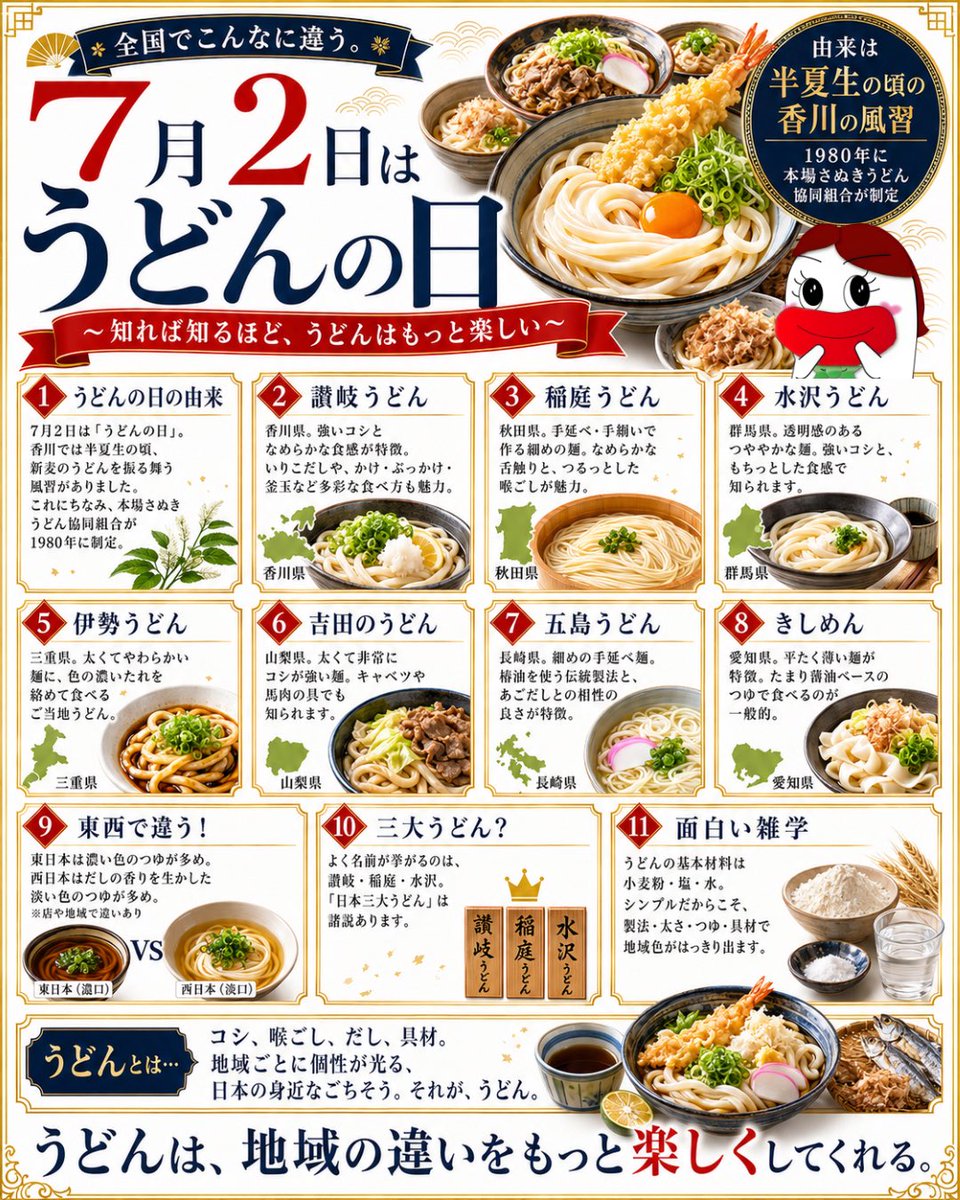 zakabon_okashi's tweet photo. 7月2日は『うどんの日』🍲🤩✨

うどんは、シンプルだからこそ地域差が出るんだボンね😚🫶

🍲うどんの雑学3選📙
1️⃣ 栃木には「耳うどん」がある👂‼️
名前の通り、耳の形に似たうどんを、
野菜入りの汁で食べる郷土料理🥢
“細長い麺”だけがうどんじゃない☝️
形まで個性的なうどんがある😋

2️⃣名古屋のきしめん厳格規定がある👀🌟
乾麺ではJAS規格で、
幅4.5mm以上・厚さ2mm未満と決められている💡
“なんとなく平たい麺”ではなく、
ちゃんと規格があるのが意外😙

3️⃣うどんは、″お疲れさま”を伝える食べ物😇
昔の香川では、
麦刈り・田植えで忙しかった人たちを
うどんでもてなす風習があった🌾
つまりうどんは、労いのご飯🧑‍🌾👏

色んな地域で様々なうどんを食べてきたけど
みんな違ってみんな美味しい🤤🥢❣️
あえて、ざかボンの好みを言うなら
コシのあるツルツル系🙋‍♀️💫
#うどんの日
#記念日
#グルメ