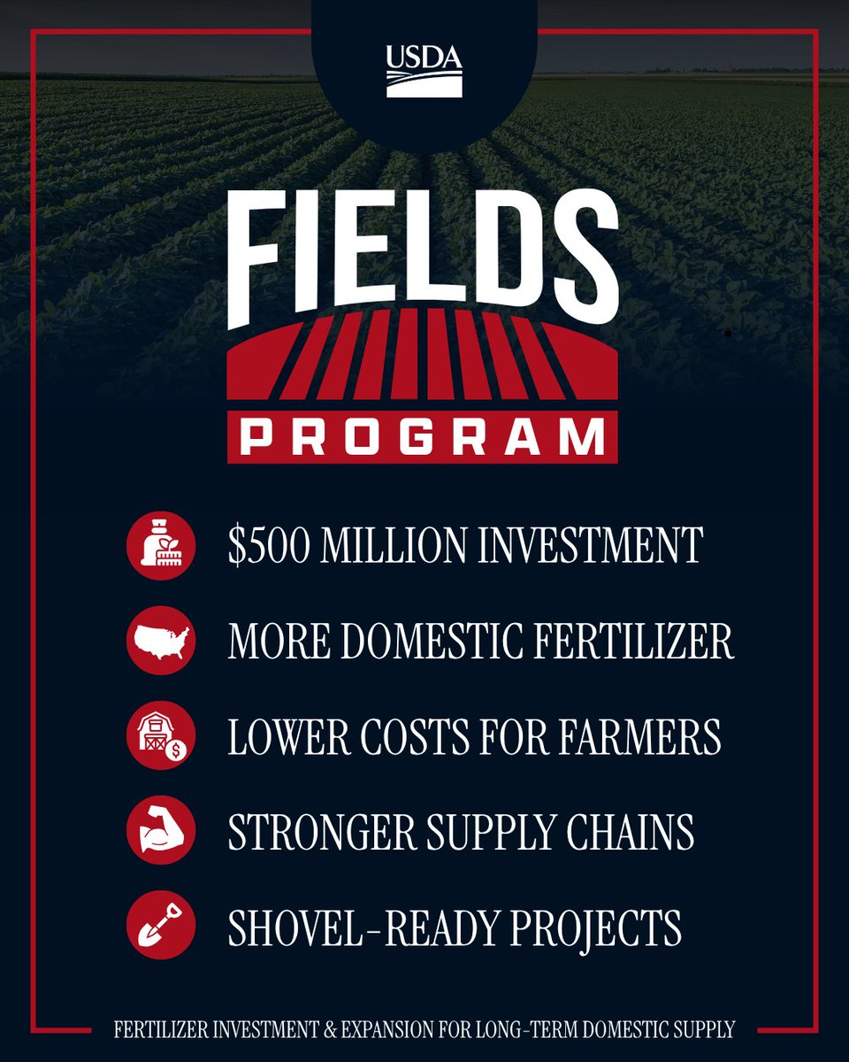 USDA's tweet photo. 🚨 More fertilizer options. More independence. Stronger supply chains.

USDA is investing $500 million through the new Fertilizer Investment & Expansion for Long-term Domestic Supply (FIELDS) Program to expand independent, domestic fertilizer production.

This initiative will: 
🌱 Help stabilize the fertilizer markets for American farmers. 
🌱 Boost American-made supply chains. 
🌱 Increase competition in the agricultural sector.

Competitive cost-share awards of up to $150 million are available for eligible projects that are innovative, farmer-focused, and ready to grow.