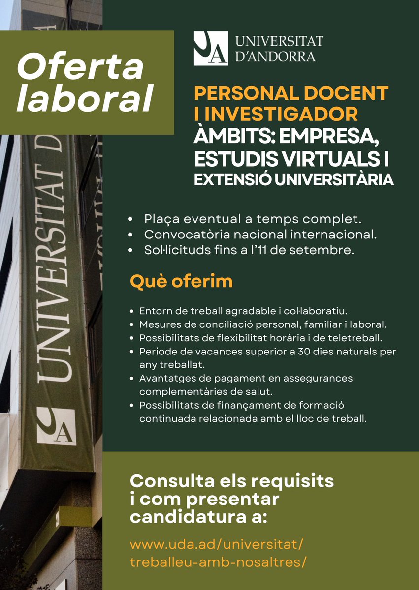 UdAndorra's tweet photo. ✅ TREBALLEU AMB NOSALTRES
La @UdAndorra precisa cobrir:
- Plaça de personal tècnic superior per als Serveis Informàtics https://t.co/6qy2yGRsFA
- Plaça de PDI per a Empresa, Estudis Virtuals i Extensió Universitària https://t.co/vGCyyepeep
#ofertadefeina #ofertalaboral #Andorra https://t.co/Uj09U3ROMu