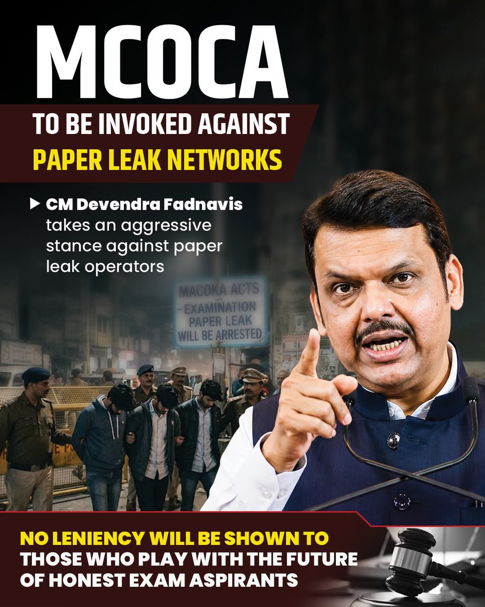 Ashuu_huu's tweet photo. MCOCA Crackdown on Paper Leak Mafias

There will be zero tolerance for those who jeopardize the future of honest students. Invoking MCOCA against paper leak syndicates marks a strong step towards ensuring transparent, fair, and credible examinations.

Under the leadership of CM @Dev_Fadnavis, the Maharashtra Government has sent a clear message: anyone who plays with the future of deserving aspirants will face the strictest action under the law.