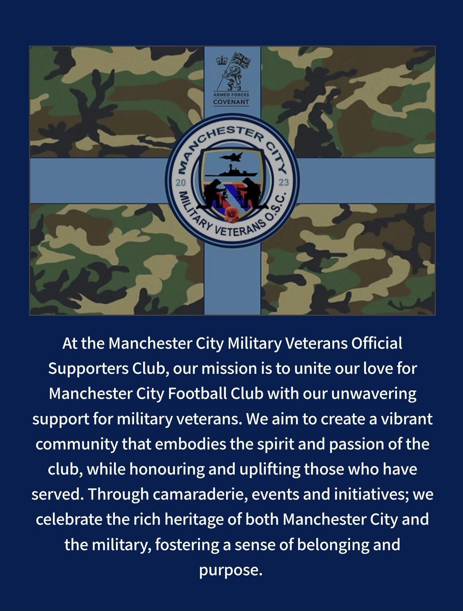milvetsosc's tweet photo. Manchester City-supporting military veteran or serving person? 
Membership of Manchester City Military Veterans Official Supporters Club is now open. Join our growing community of Blues who have served. 🫡
      👇
 https://t.co/vShAZe2Hk3

#MCFCMilitaryVeterans 
#MCFC
#MCFCOSC https://t.co/UBgVad0Ju6