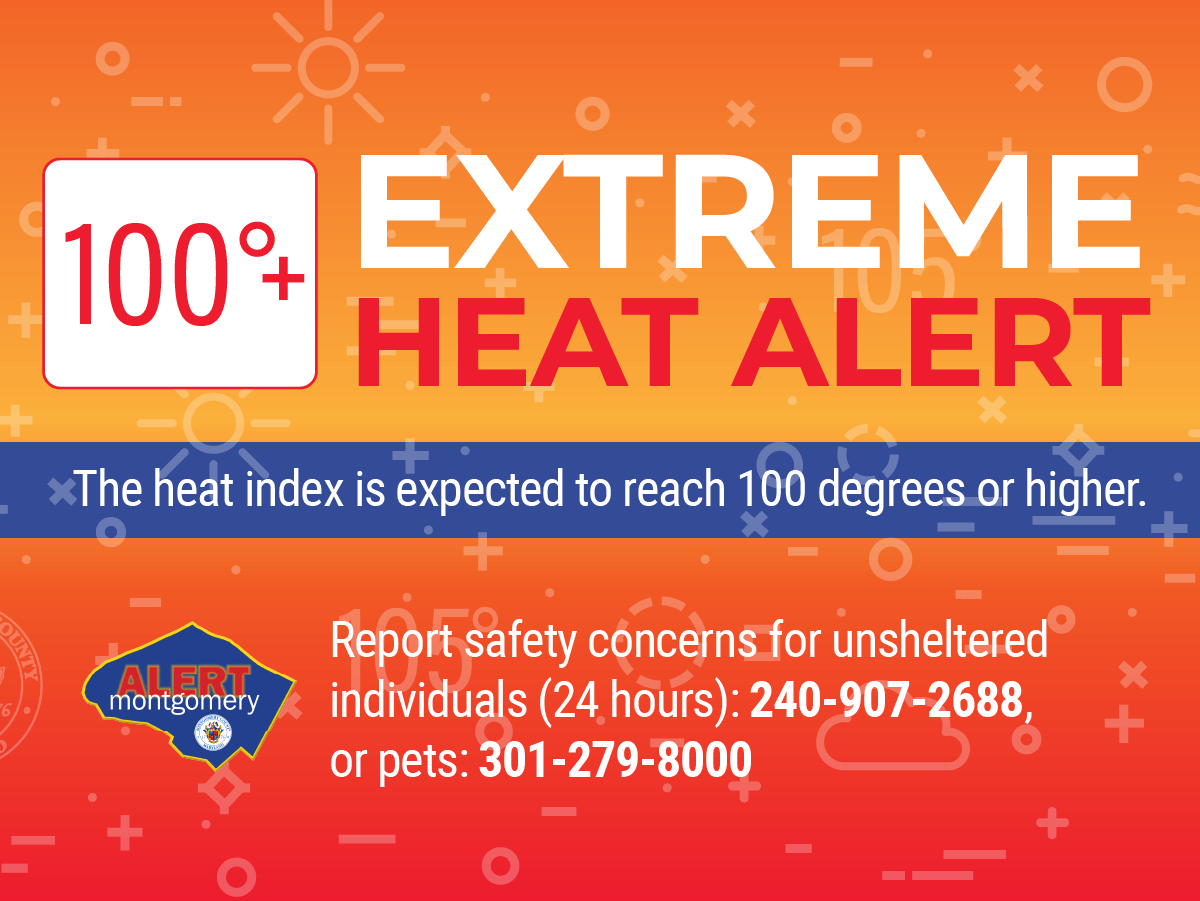 MontgomeryCoMD's tweet photo. 🌡️☀️ An Extreme Heat Alert is in effect today from 11 a.m. to 8 p.m. Heat index values are expected to exceed 100°F. Stay hydrated, limit time outdoors, check on neighbors and never leave children or pets in parked vehicles. More: https://t.co/9pi8TcBjmu https://t.co/1bf6AExGk3