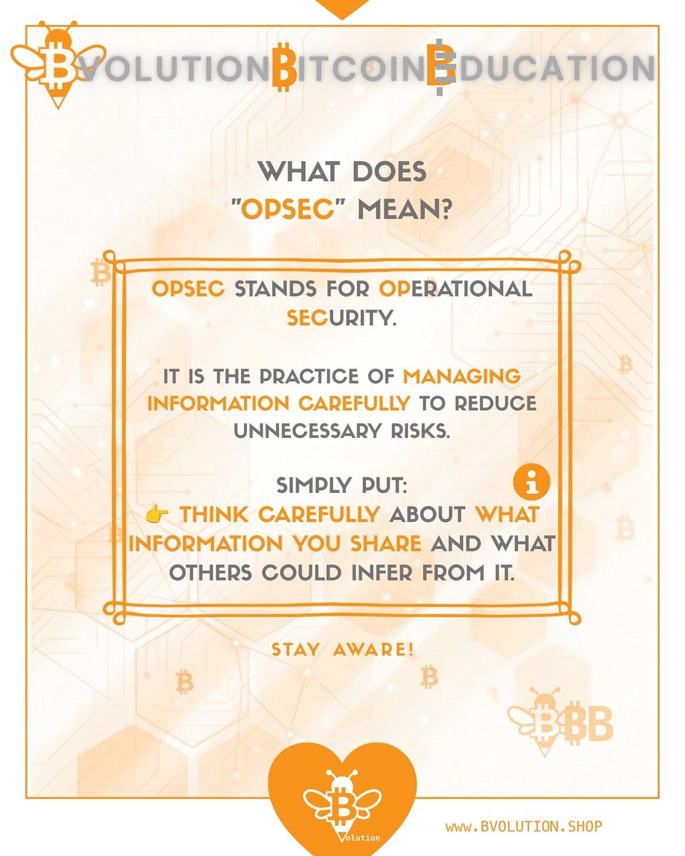 Bvolution_shop's tweet photo. 🔐 Bitcoin Education #1

What is OPSEC?

OPSEC stands for Operational Security.

Think carefully about what information you share and what others can infer from it.

Your security starts with your own behavior.

🐝 Be: Part of the ₿volution.

#Bitcoin #OPSEC #Privacy https://t.co/SraW7jzGNk