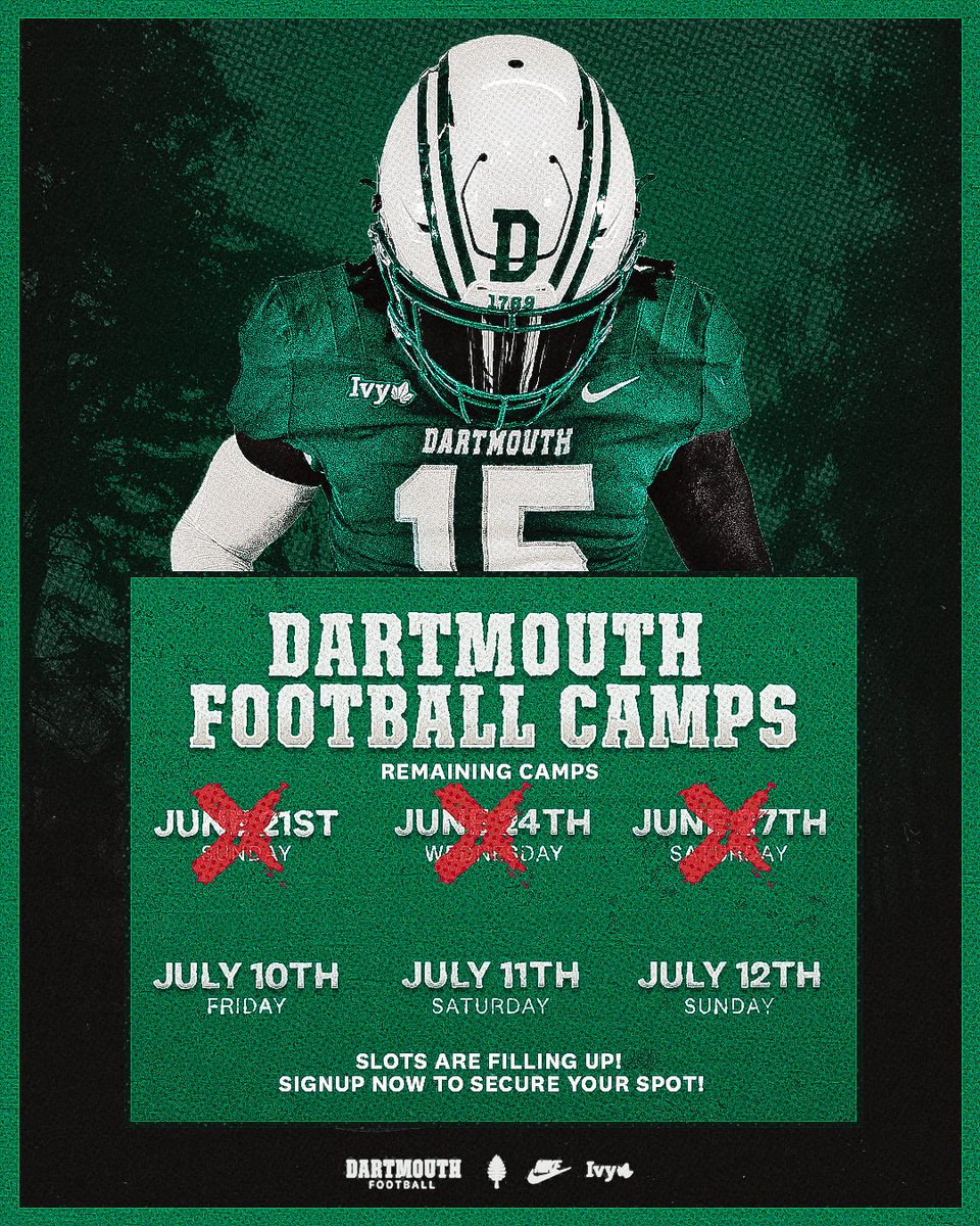 QuentinJones_'s tweet photo. Come🏡 to Hanover. 3 more camps⏳

🗓️ @DartmouthFTBL | #TheWoods🌲🏆

Friday, July 10th 📌
Saturday, July 11th 📌
Sunday, July 12th 📌 https://t.co/yL8Monv7yp
