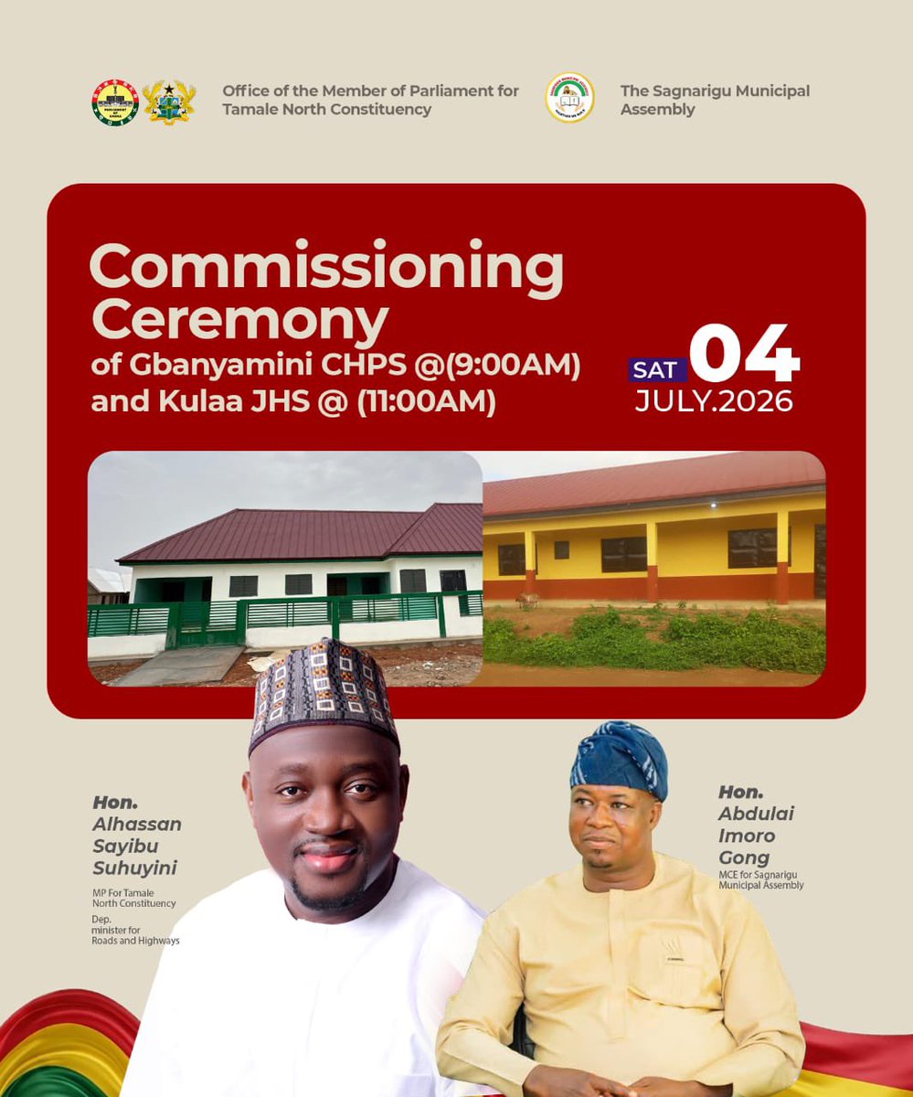 LukmanA444's tweet photo. Development is Here!
Join @HonSuhuyini on Saturday, 4th July, for the commissioning of the Gbanyamni CHPS Compound and the Kulaa JHS Block.
Delivering for Tamale North.
#HonSuhuyini #PossibleTogether https://t.co/Bjo3pYCKEh