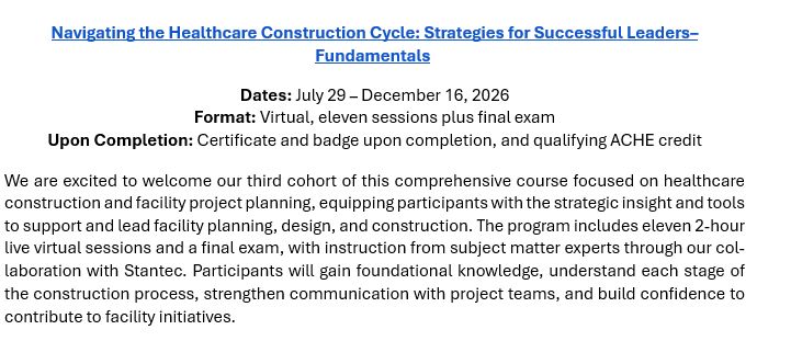 southtxache's tweet photo. STC-ACHE is sharing professional development opportunities from ACHE–SETC focused on healthcare construction and AI in healthcare.

Both courses offer ACHE credit and practical leadership insights. 
Registration links below

https://t.co/yvvwloNUrj 

https://t.co/I4XWXfL7oA https://t.co/4DhBaDXxmo