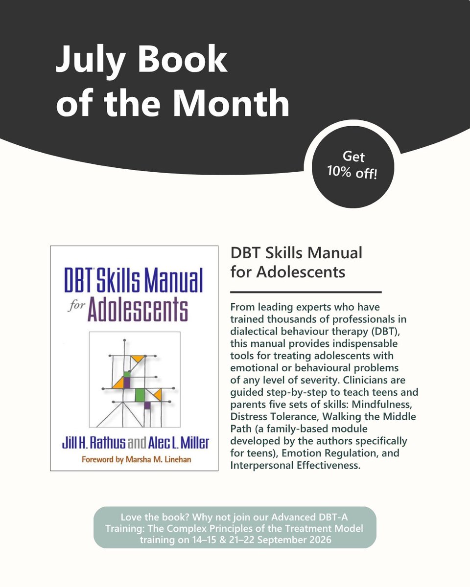 DBTtraining's tweet photo. Get 10% off the DBT Skills Manual for Adolescents in July only  📖

Use code: DBTSKM102026 at checkout!

Written by Jull H. Rathus and Alec L. Miller

https://t.co/xzG36acxpK https://t.co/BFKxxPqKOm