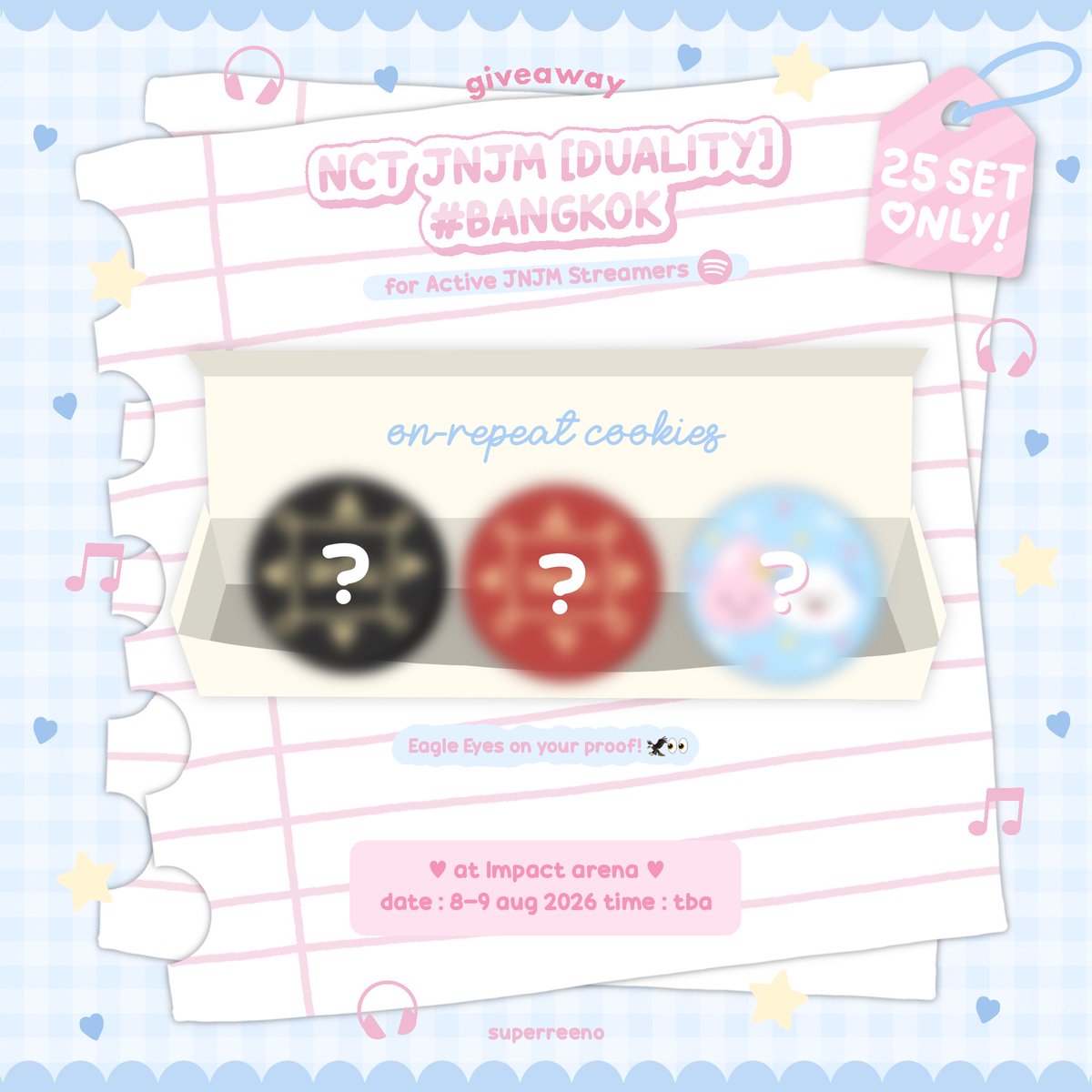 superreeno's tweet photo. Pls kindly rt ୨ৎ  🤩🌟

— ˗ˋ ୨୧ ˊ˗ — 𝐆𝐈𝐕𝐄𝐀𝐖𝐀𝐘 𝐒𝐩𝐞𝐜𝐢𝐚𝐥 𝐄𝐝𝐢𝐭𝐢𝐨𝐧
NCT JNJM [DUALITY] #BANGKOK

🍪 ON REPEAT COOKIES (25 ea) ᡣ𐭩 ྀིྀ

ᵕ୨♡︎୧ᵕ กติกา #สตรีมเพื่อเจโน่แจมิน 🎧
— ท่านใดสตรีมเพลงให้น้องอย่างมากมาย สามารถเดินมารับพร้อมพอร์ตฟอลิโอด้วยความมั่นใจได้เลยค่ะ

📍🏡 Impact arena | 8-9 Aug 2026 | TBA

สตรีมด้วยกัน ไปได้ไกล เริ่ด เริ่ด เริ่ด ⋆ ˚｡⋆ ꪆৎ ˚ 

#NCTJNJM_FANMEETING_TOUR
#NCTJNJM_FANMEETING_TOUR_DUALITY