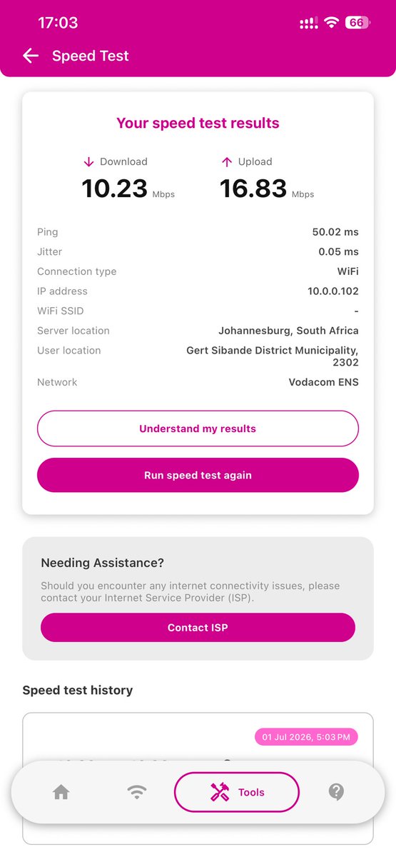 MartinMpukani's tweet photo. @Vodacom since the move to @vumatel the fibre speeds have dropped. Am paying for a 50mbps download and 20mbps upload line but only getting 10mbps / 16mbps https://t.co/SMCBFnJKQr