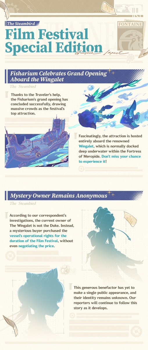 GenshinImpact's tweet photo. The Steambird | Film Festival Special Edition
#GenshinLunaVIII #GenshinImpact 

Hello, Traveler!
Here's a special Film Festival edition of The Steambird. It looks like the Traveler has made the news, so let's check it out~ https://t.co/1ZRfkvdqhK