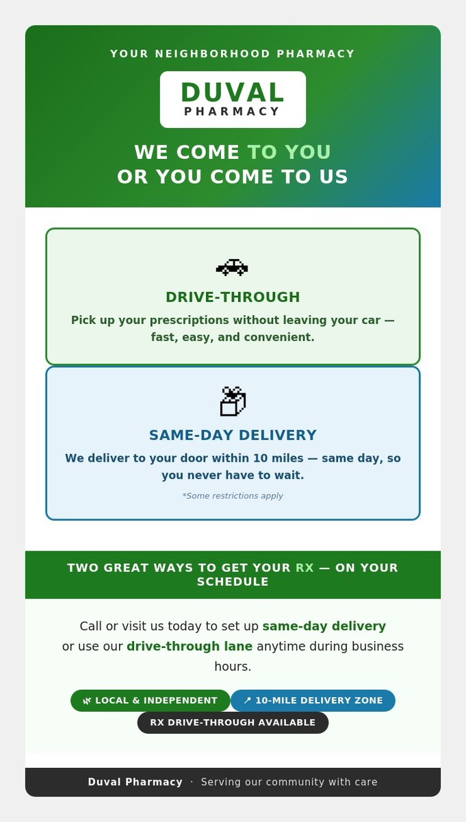 duvalpharmacy's tweet photo. We bring convenience to you! 🚗💊 Drive-thru &amp; delivery services available. How do you prefer to stay healthy? #Duval-GoodNeighborPharmacy #Convenience https://t.co/WHHgWMRCK5