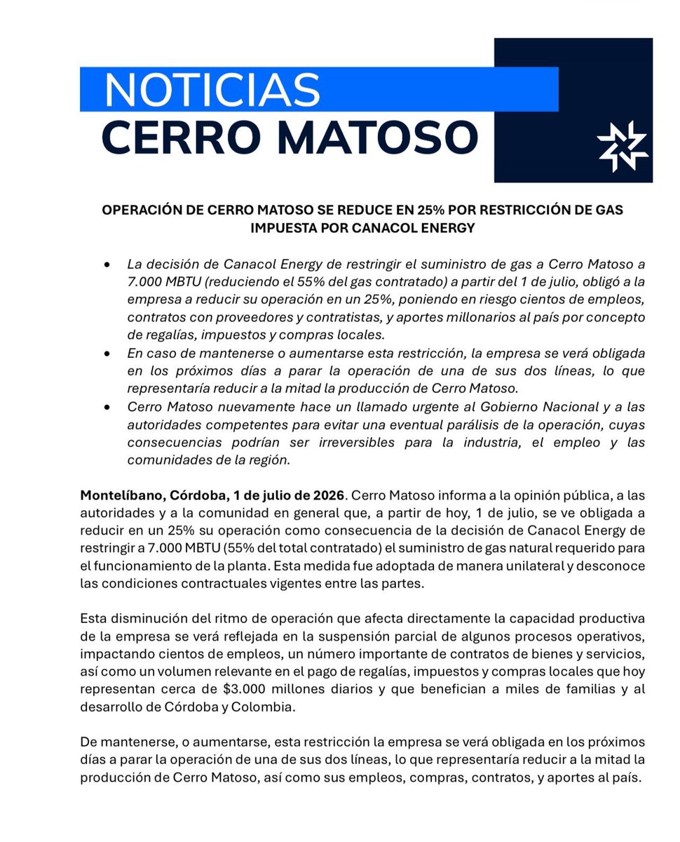AnaPaolaGarciaU's tweet photo. La reducción de la operación de Cerro Matoso es una alerta para el sur de Córdoba. No solo está en juego la producción de una empresa, sino el empleo de miles de familias, la economía del San Jorge y los recursos que reciben nuestras comunidades. https://t.co/MlEwssHCTf
