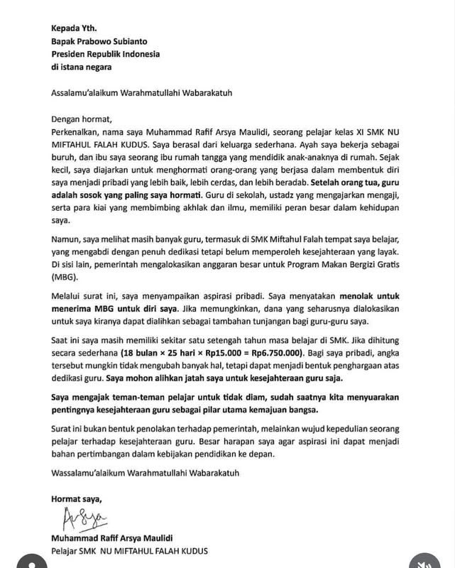 Stakof's tweet photo. Syukurlah jika dimulai dari Kudus.

Sejak surat anak SMK yang meminta dana MBG diberikan saja untuk honor gurunya, bukannya disetujui malah diteror.

Sekarang kita tahu alasan teror itu kenapa. https://t.co/w9R1XQGhzm