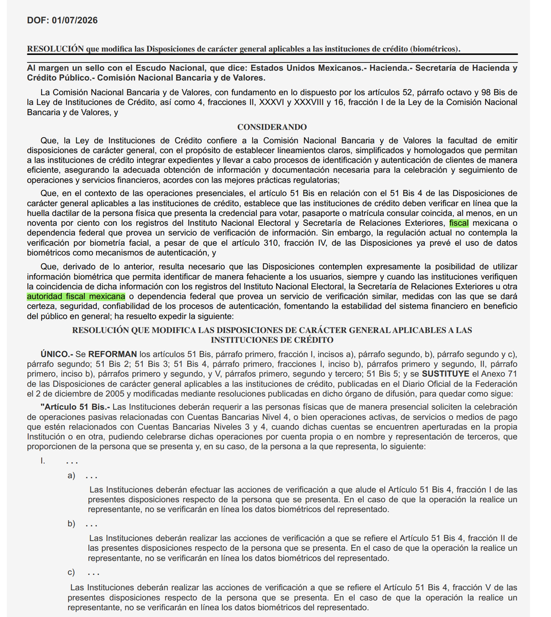 david_nieto01's tweet photo. DOF: 01/07/2026: RES. que modifica las Disposiciones de carácter general aplicables a las instituciones de crédito (biométricos)¹. 🔎🧐 Curioso, la expresión "autoridad fiscal mexicana" aparece como fuente de verificación biométrica alternativa a INE/SRE 8 veces. ¿#SAT operando como infraestructura de verificación de identidad para el sector privado regulado???
¿bajo qué fundamento jur. puede una base de datos biométrica capturada para fines fiscales servir p verificación de identidad para el sector bancario???

Cosas q considero buenas, exige anti-spoofing, cifrado y auditoría. Antes no existía estándar p biometría facial.

¹ https://t.co/ab4Zn3zrNa