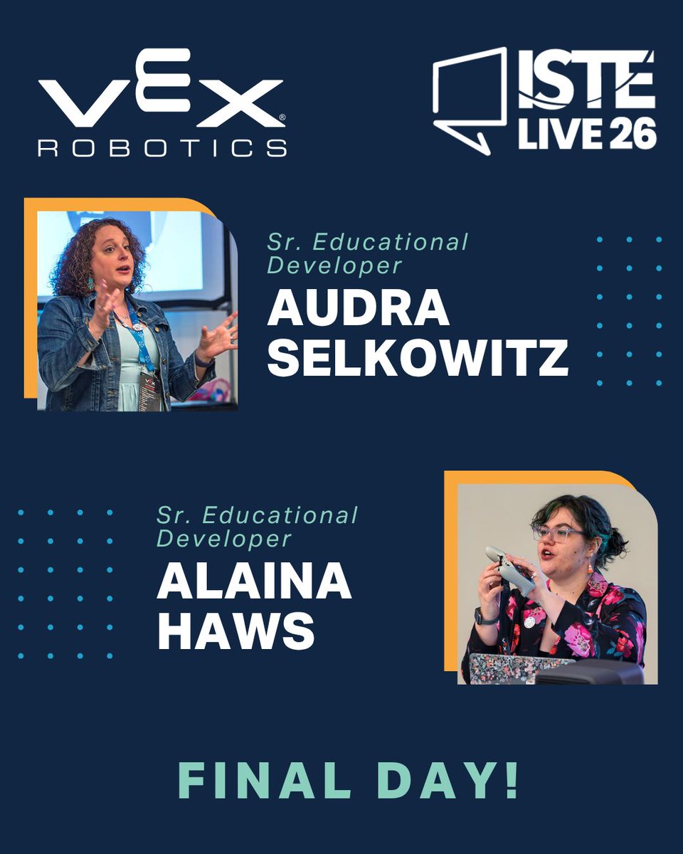 VEXRobotics's tweet photo. It's the final day of #ISTELive! 🤖🌟 If you haven't already, be sure to stop by Booth 2838 to meet Senior Educational Developers @AudraSelkowitz and @EdTechAlaina, ask all your VEX Continuum questions, and see how you can bring robotics to your classroom! https://t.co/0OF0PrVCQa