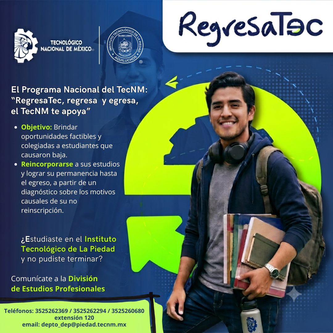 itlapiedad's tweet photo. Tecnológico Nacional de México, a través del Programa Nacional “RegresaTec: Regresa y Egresa, el TecNM te apoya”, 
📞 Contáctanos para revisar tu situación académica:
División de Estudios Profesionales
352 526 2369 / 352 526 2294 / 352 526 0680
Ext.: 120
depto_dep@piedad.tecnm.mx https://t.co/dwJR9o86jw