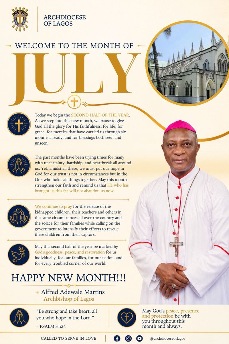 Lag_archdiocese's tweet photo. Good evening and God bless you. Wishing you a blessed, peaceful and prosperous July. Amen https://t.co/rcfEDxpOdG