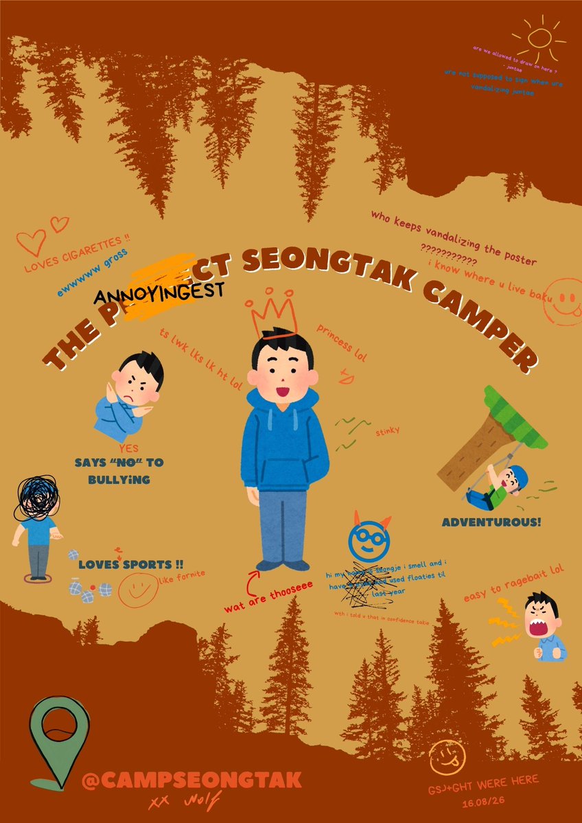 campseongtak's tweet photo. Hi campers ! Thank you for enrolling at Camp Seongtak, but before you move in for the weekend and discover the activities on the 02/08, here are some packing tips and what we look for in the perfect seongtak camper ! Wait.. who vandalized our posters ??? https://t.co/EvrhjoB1wC
