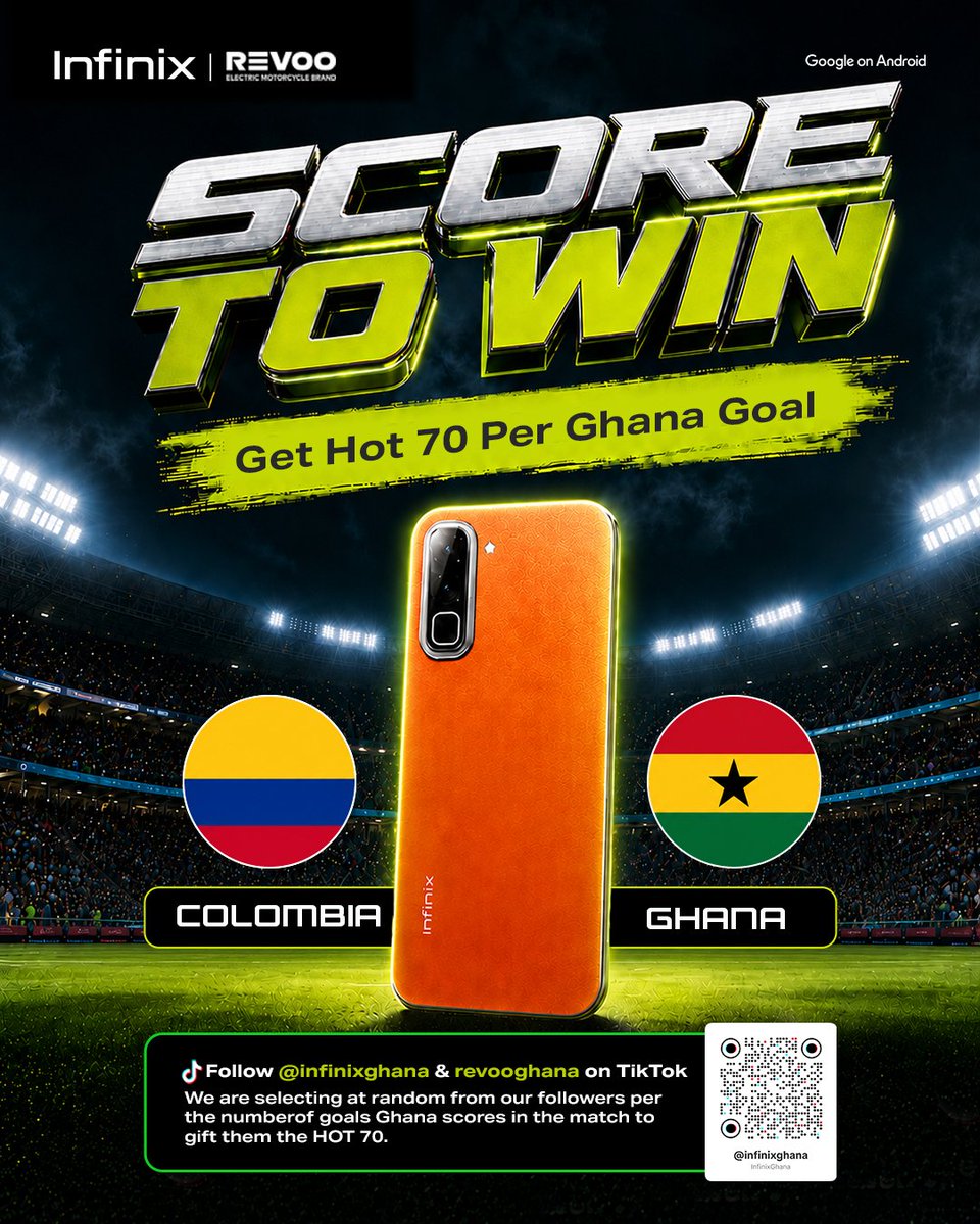InfinixGhana's tweet photo. Ghana scores, you win!
Follow @infinixghana on TikTok for a chance to win a HOT 70 for every Ghana goal.
#HOT70WorldCupPromo #HOT70100PercentCashback #HOT70 #HelioG100Ultimate #HotLikeYou #InfinixGhana #Infinix #PerformanceUnlocked #45WFastCharge #AllDayUse https://t.co/8m0vTKNxoN