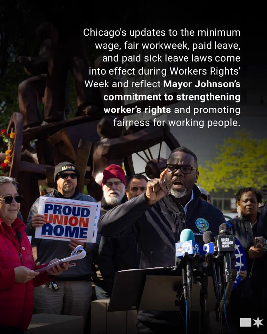 2. Text: Chicago's updates to the minimum wage, fair workweek, paid leave, and paid sick leave laws come into effect during Workers Rights' Week and reflect Mayor Johnson’s commitment to strengthening worker’s rights and promoting fairness for working people. Image: Mayor Johnson delivers remarks at the Haymarket Memorial on May Day with CFL President Bob Reiter and UAW President Shawn Fain.