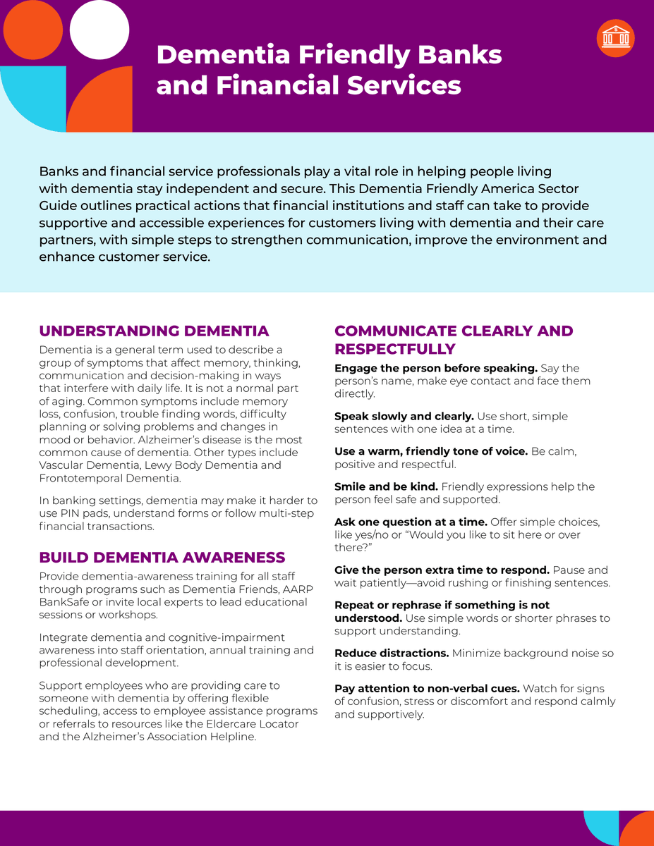 dfamerica_'s tweet photo. Our next #DFA Sector Guide spotlight is for #DementiaFriendly banks and financial services. This guide outlines practical actions that can help provide supportive experiences for customers living with #dementia and their #caregivers. Learn more: https://t.co/hE7aiqrtTy. https://t.co/KgwJtzuPLd