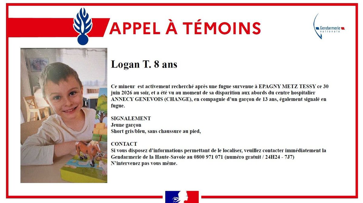 InfosFrancaises's tweet photo. APPEL À TÉMOINS : Plusieurs moyens sont engagés afin de retrouver Logan et Even, deux jeunes garçons de 8 et 13 ans, qui auraient fugué à Épagny Metz-Tessy, près d’Annecy, en Haute-Savoie (gendarmerie). https://t.co/3e8EmAq6bg