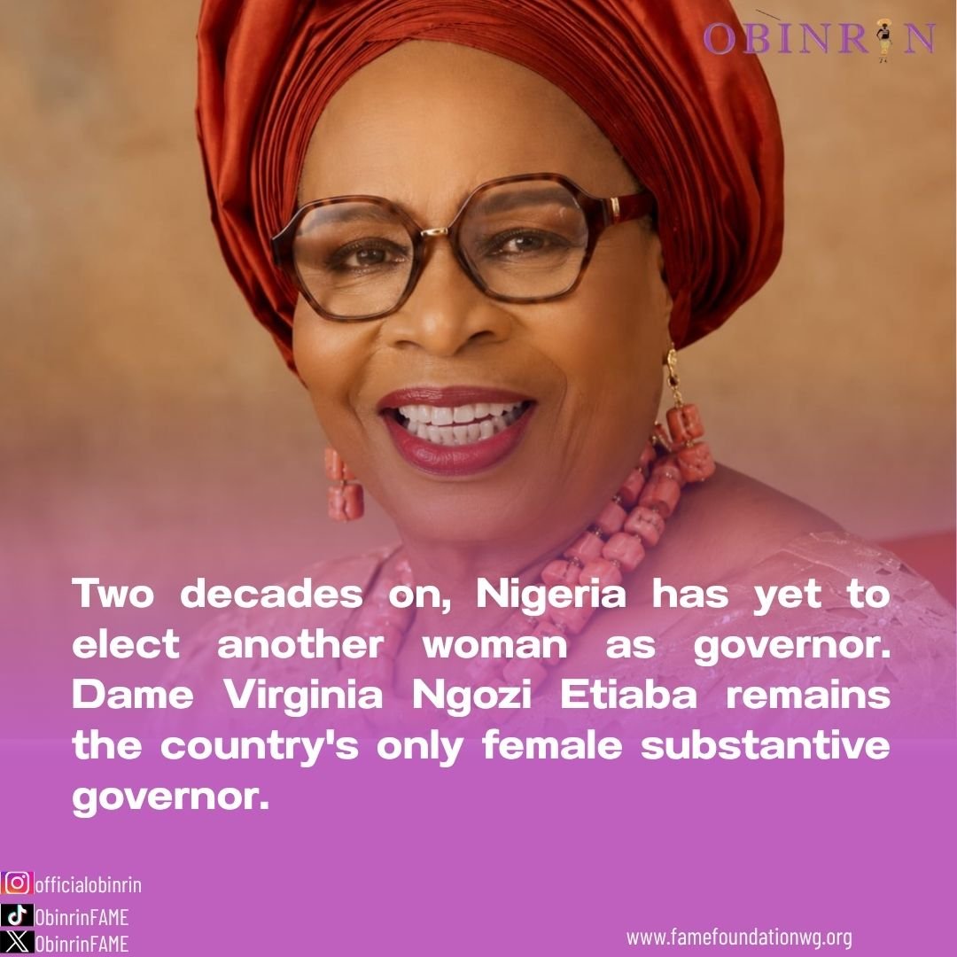 ObinrinFAME's tweet photo. History remembers those who break barriers, and Dame Virginia Ngozi Etiaba did exactly that.

She remains Nigeria's only woman to have served as the substantive governor of a state, a milestone she achieved when she rose from deputy governor to governor of Anambra State in 2006. https://t.co/fKv0bVPBPa