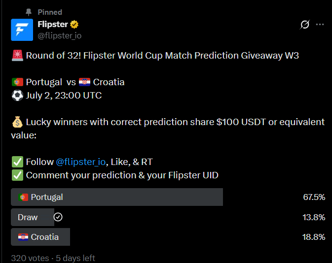 cutepanda112233's tweet photo. @flipster_io Here is my prediction: a Draw
Portugal  2 - 2 Croatia ( 90')

Flipster UID: H37BQVB https://t.co/RTDm3pqbFb