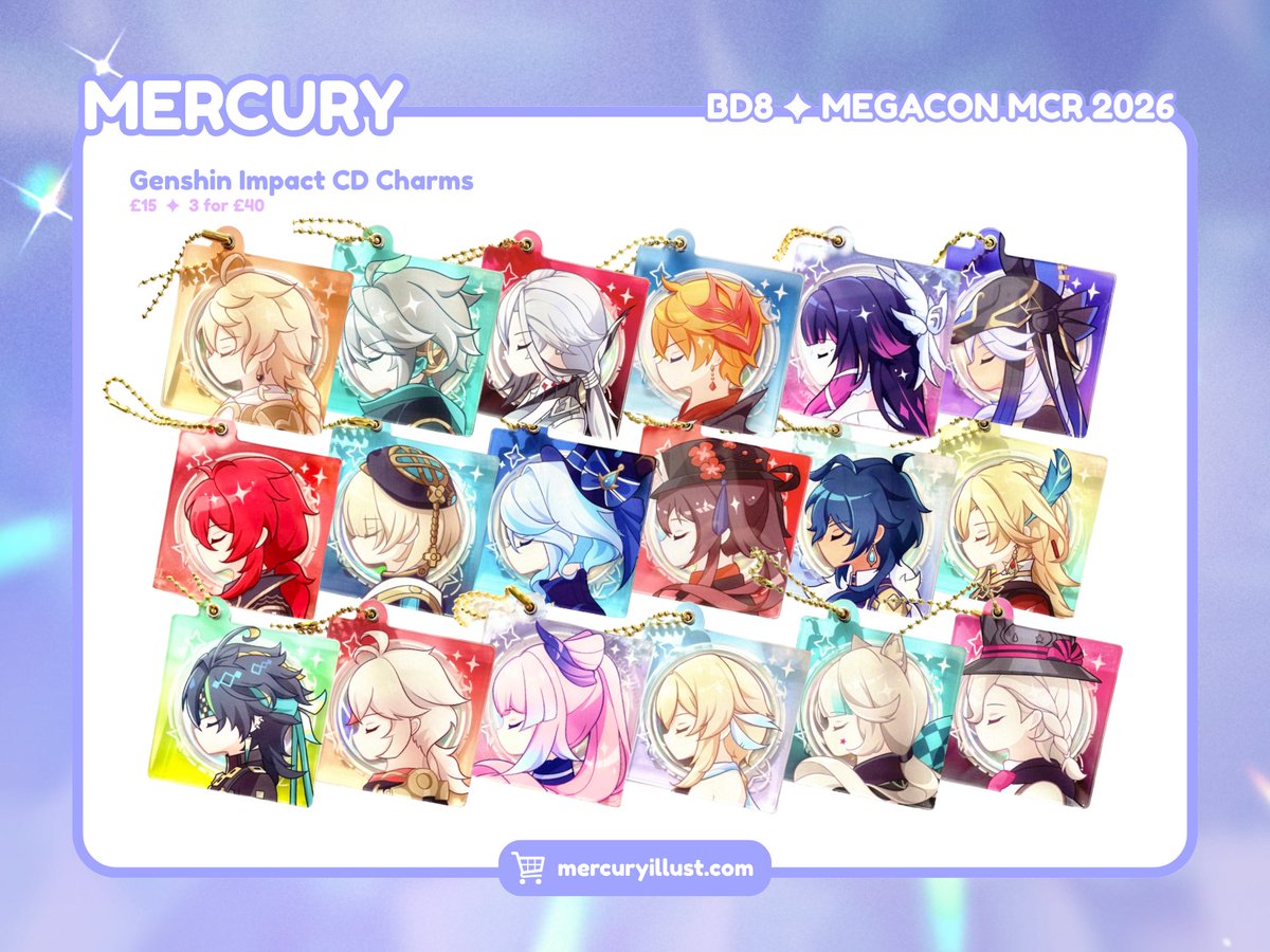 mercuryillust's tweet photo. Megacon Manchester 2026 catalogue!

📅 1-2 August  
#megaconlive

[1/4] Genshin Impact
💫 New characters and coasters added https://t.co/uUnTIMjPnm