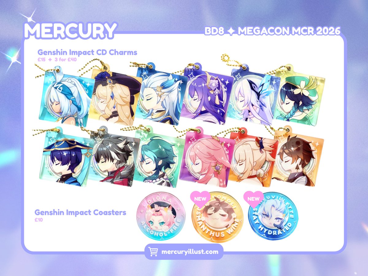 mercuryillust's tweet photo. Megacon Manchester 2026 catalogue!

📅 1-2 August  
#megaconlive

[1/4] Genshin Impact
💫 New characters and coasters added https://t.co/uUnTIMjPnm