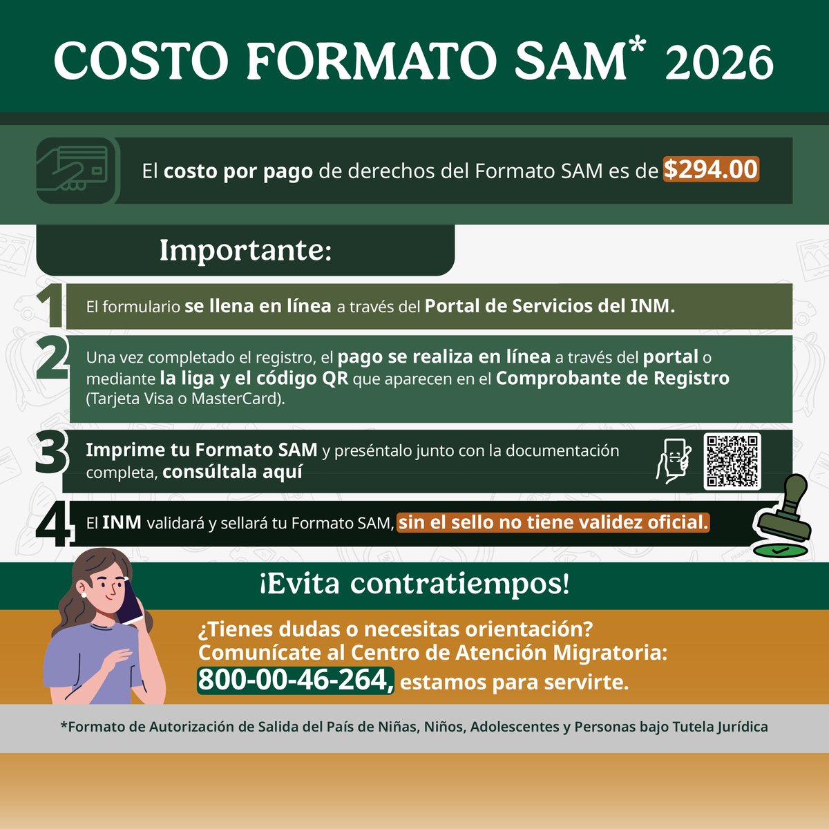 INAMI_mx's tweet photo. Sabes si tus hijos necesitan el #FormatoSAM para salir del país? 🛂✈️
Evita sorpresas en el aeropuerto. El #FormatoSAM es obligatorio para niñas, niños, adolescentes y personas bajo tutela jurídica que viajen solos o con un adulto que NO sea su madre, padre o tutor legal. 👧👦

💰 Costo 2026: $294.00 MXN. 💻 Trámite: 100% digital a través del portal oficial.
¡Escanea el código QR de la imagen para conocer todos los requisitos! 📲 🔍