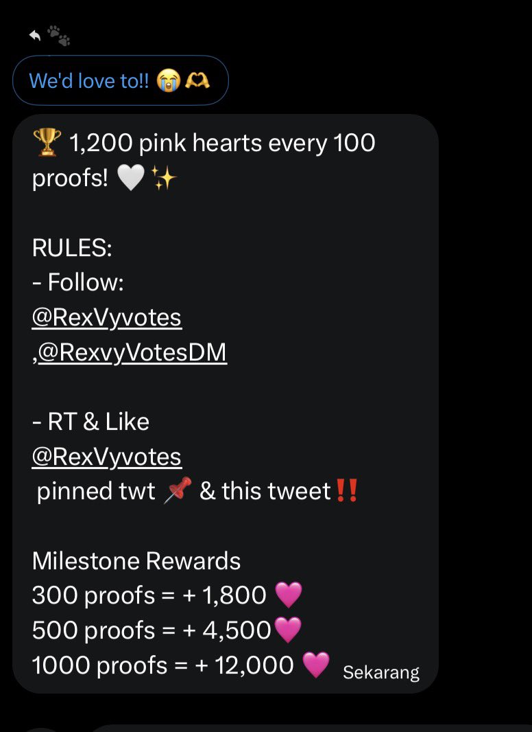 dearlyryul's tweet photo. 🏆 1,200 pink hearts every 100 proofs! 🤍✨

RULES:
- Follow: 
@RexVyvotes
@RexvyVotesDM

- RT &amp; Like 
@RexVyvotes pinned twt 📌 &amp; this tweet‼️

Milestone Rewards
300 proofs = + 1,800 🩷
500 proofs = + 4,500🩷
1000 proofs = + 12,000 🩷 https://t.co/S5XxvawOB4