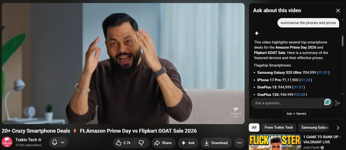 agarwalvishal00's tweet photo. Just saved 10mins by using the @GeminiApp  AI on @YouTube 

This really would decrease watchtimes and viewer counts for sure

Sorry @TrakinTech https://t.co/TvvNdhMhiS