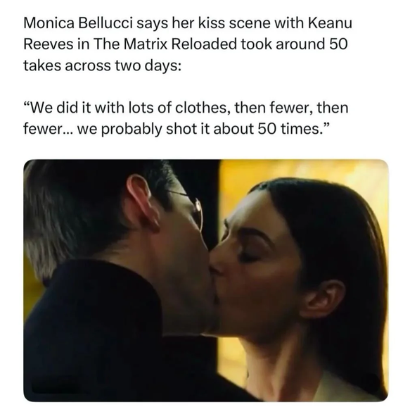 CelebBuzzTrends's tweet photo. Fakta Unik Seleb 🚨🚨🚨. Taukah kalian kalau keanu reeves dan monica beluci butuh 50 kali take adegan ciuman selama 2 hari.  Rasanya Gimana ya?? https://t.co/uQe9JoyBj2